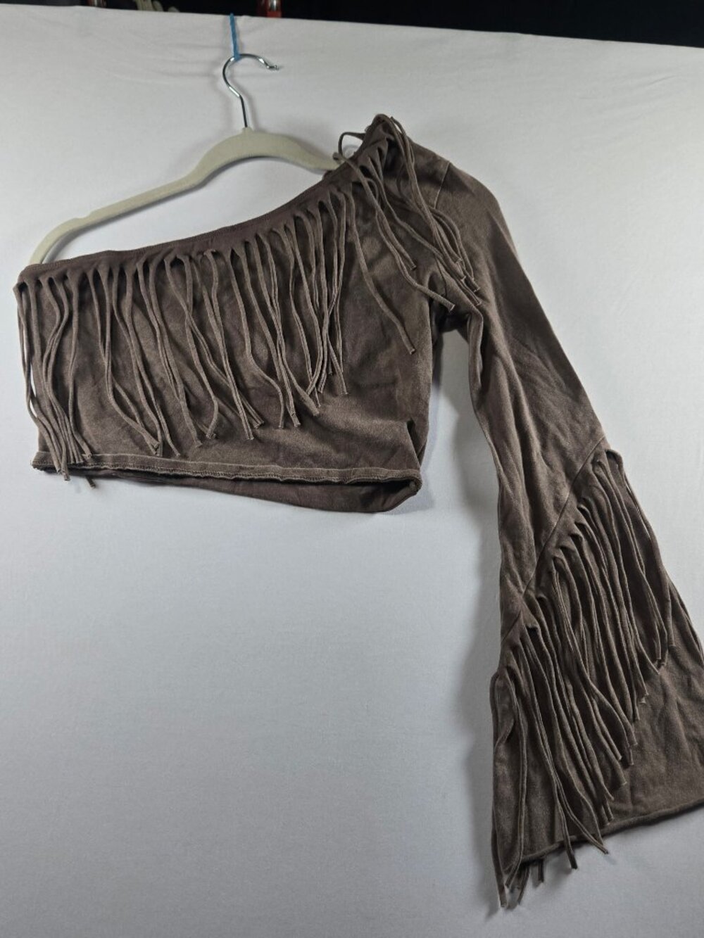 K Too Women’s L Brown Fringe One Shoulder Crop Top Bell Sleeve Boho Western